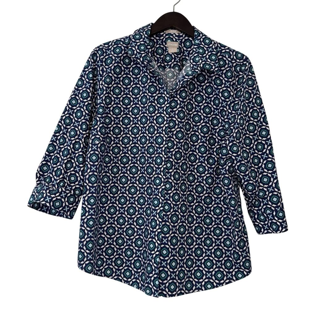 Chico's 3 No Iron Geometric Blouse Womens XL Blue Green Button Down Stain Shield